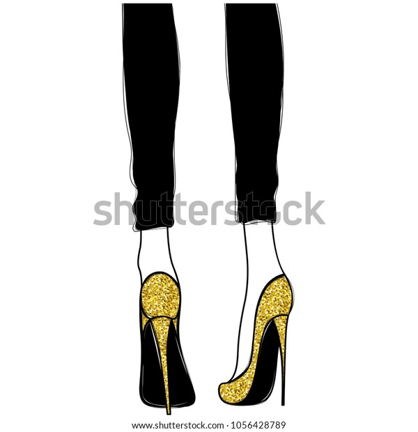 金のハイヒールを履いた女の子 ファッションイラスト 金色のきらめく靴をはいた女性の脚 かわいいデザイン 流行の流行画 おしゃれな 女性 スタイリッシュな女性 のイラスト素材