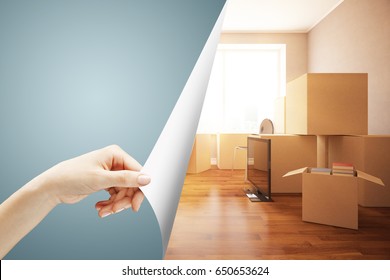 Girl's Hand Flipping Abstract Grey Page, Revealing New Room With Moving Boxes. Repairs Concept. 3D Rendering