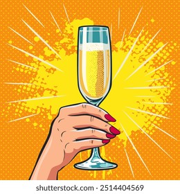 Girls hand holding a glass of champagne. Fast food vector illustration in pop art retro comic style. - Powered by Shutterstock