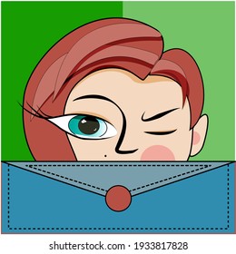 The girl's head looks out of the envelope. Winks, cheerful, red-haired, light, kind. Good news. Blue eye. News topic. Post office. mail - Powered by Shutterstock