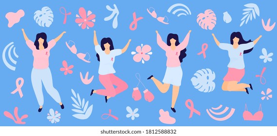 Girls with pink ribbons jump and have fun. National Breast Cancer Awareness Month. - Powered by Shutterstock