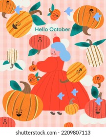 The Girls In Red Dress Have Sky, Birds, And Pumpkins In Many Colors.  