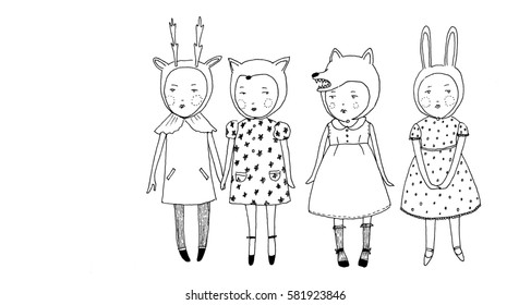 Girls in a row. Small cute girls in the animal hats are standing together in a row