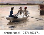 Girls in a rowing boat (summer in the archipelago), 1883, by Albert Edelfelt. Vintage landscape illustration. Vintage nature scenery art drawing illustration, old nature landscape painting art print.