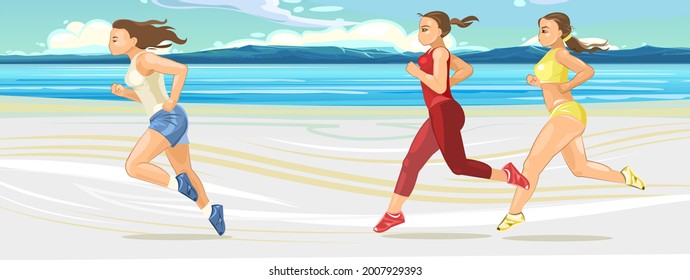 The girls are running along the beach. Sports running. Fitness and healthy lifestyle. Flat cartoon style. Women runners train on the seashore. Women's athletics. Illustration - Powered by Shutterstock