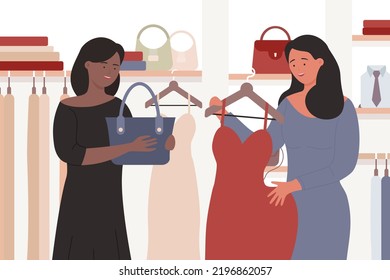 Girls Shopping Together Illustration. Cartoon Happy Female Friends Characters Standing With Purchases, Buying Fashionable Dress And Bag In Interior Of Fashion Boutique Or Shop Store Background