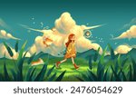 Girls walk on the grass, flying fish, interesting painting