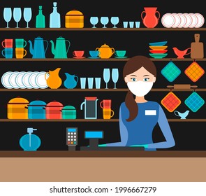 Girl-seller In A Medical Mask And Gloves In A Cookware Store. Bitmap Copy Illustration. Protecting People From Viruses In The Workplace.