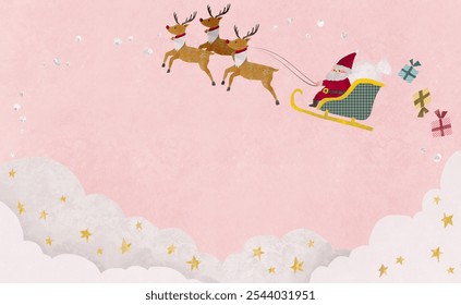 Girly Christmas image illustration of Santa Claus riding in a sleigh on pink background - Powered by Shutterstock