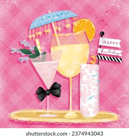 Girly drinks on tray with cute backgroung lady night out illustration for cute prints - Powered by Shutterstock