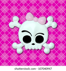 Girly Skullz: Emo Skull And Crossbones With A Pink Bow On A Pink Argyle Background.  Seamless Tile.