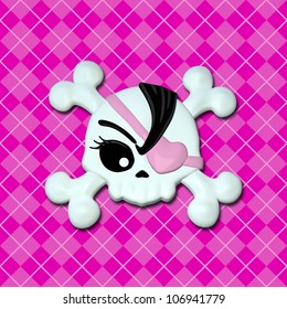 Girly Skullz: Emo Skull With Pink Heart Eye Patch On A Pink Argyle Background.  Seamless Tile.