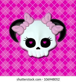Girly Skullz: Emo Skull With Pink Heart Eyes And Bows On A Pink Argyle Background.  Seamless Tile.