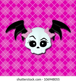 Girly Skullz: Emo Skull With Pink Bows And Bat Wings On A Pink Argyle Background.  Seamless Tile.