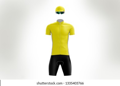 Giro D'Italia 2019, Clothing In 3d Illustration, Cyclist Clothing Model In 3d Rendering. Jersey In 3d Illustration. Mockup. Yellow Shirt, Used For Leader Of The Time Classification.