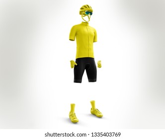 Giro D'Italia 2019, Clothing In 3d Illustration, Cyclist Clothing Model In 3d Rendering. Jersey In 3d Illustration. Mockup. Yellow Shirt, Used For Leader Of The Time Classification.