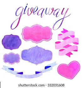 Giveaway set - frames and calligraphy. Hand-drawn elements. Real watercolor drawing. 
