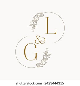 GL Logo initials wedding monogram logo design in simple brown circle leaf frame