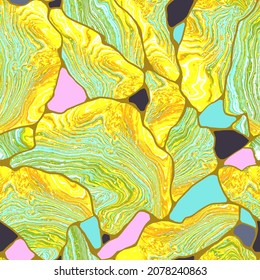 Glad seamless pattern with stone grunge texture in kintsugi style in yellow tones. Bright colored abstract psychedelic texture with soft wavy lines. 