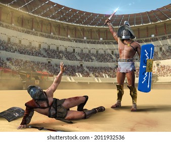 Gladiator Fight In An Ancient Roman Colosseum. One Gladiator On The Ground Begging For Mercy, The Other Is Victorious, 3d Render.