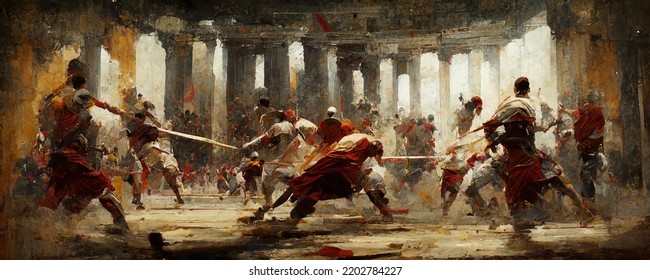 Gladiators Fight In A Coliseum, Featured In A Historic Painting. Gladiator Arena Lit By The Sun In Ancient Rome. Romans Battling With Swords. Artwork Painting Of Roman Soldiers Armed And Fighting.