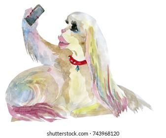 Glam Dog Bichon With The Phone, Taking Photo. Watercolor Painting