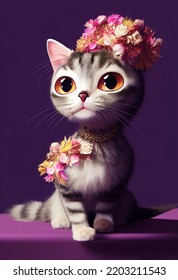 A Glamorous Portrait Of A Sweet Tabby Cat With Floral Hat And Corsage.