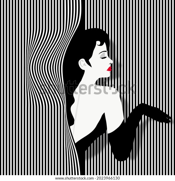 A glamorous woman breaks through a striped background.