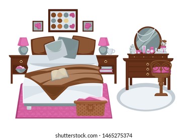 Glamour Interior Of Girls Bedroom In Pink And White Brown Tones.  Illustration Of Two Bedside Tables, Wide Bed, Wicker Basket With Laundry, Dark Trellis With Chair, Three Paintings On Wall