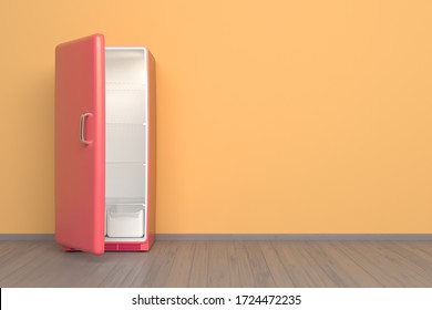 Glamour Pink Refrigerator + Retro Fridge In An Empty Room Studio Kitchen Interior Mockup With Yellow Walls As Copy Space - 3d Render