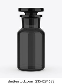 Glass apothecary bottle. Bath salt jar, glossy vintage flask. Aroma candle round container mockup. Retro laboratory vial, elegant supplement. barber product bottle. 3d illustration.