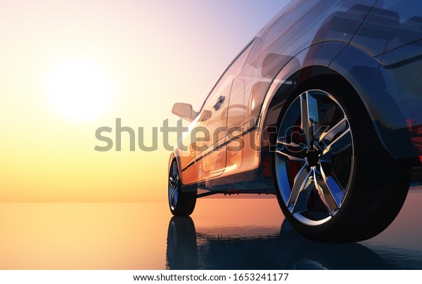 Glass auto on an\
orange background..3d\
render