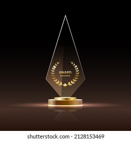 Glass Award Realistic Illustration. Crystal Prize With Blank Golden Medal 3D Isolated Clipart On White Background.