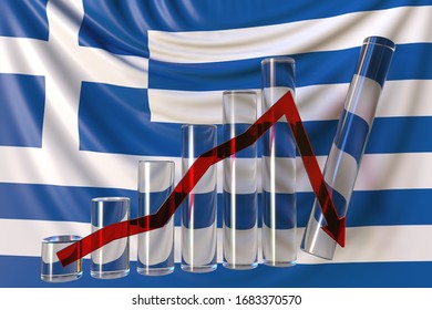 Glass Bar Chart With Downward Trend Against Flag Of Greece. Financial Crisis Or Economic Meltdown Related Conceptual 3D Rendering