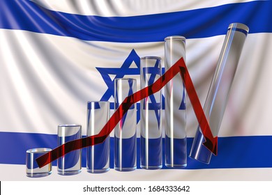 Glass Bar Chart With Downward Trend Against Flag Of Israel. Financial Crisis Or Economic Meltdown Related Conceptual 3D Rendering