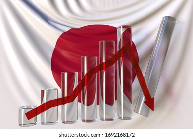 Glass Bar Chart With Downward Trend Against Flag Of Japan. Financial Crisis Or Economic Meltdown Related Conceptual 3D Rendering