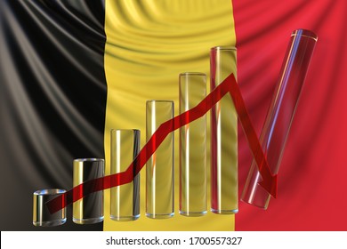 Glass Bar Chart With Downward Trend Against Flag Of Belgium. Financial Crisis Or Economic Meltdown Related Conceptual 3D Rendering