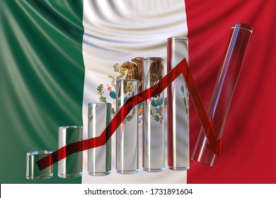 Glass Bar Chart With Downward Trend Against Flag Of Mexico. Financial Crisis Or Economic Meltdown Related Conceptual 3D Rendering