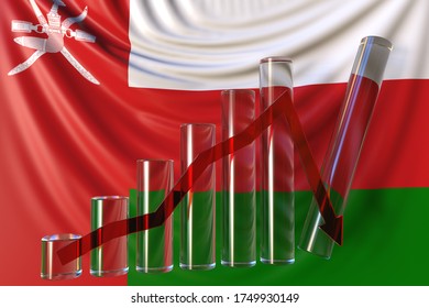 Glass Bar Chart With Downward Trend Against Flag Of Oman. Financial Crisis Or Economic Meltdown Related Conceptual 3D Rendering