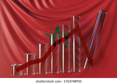 Glass Bar Chart With Downward Trend Against Flag Of Morocco. Financial Crisis Or Economic Meltdown Related Conceptual 3D Rendering