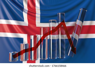 Glass Bar Chart With Downward Trend Against Flag Of Iceland. Financial Crisis Or Economic Meltdown Related Conceptual 3D Rendering