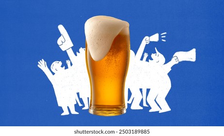 Glass of beer with foam surrounded by happy cartoon figures celebrating winning game with raised hands against blue background. Contemporary art collage. Concept of sport, tournament, event - Powered by Shutterstock