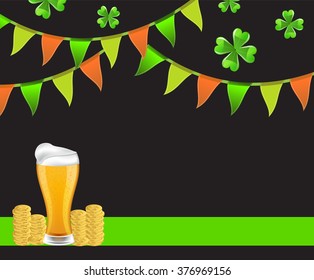 glass of beer on a dark background with flags, clover and coins - Powered by Shutterstock