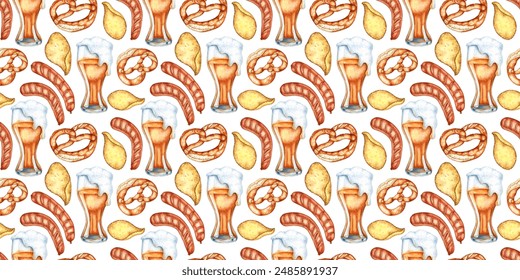 Glass of beer and snack chips, sausages, pretzel pattern watercolor illustration. Harvest festival, Oktoberfest beer festival. Compositions for posters, cards, banners, flyers, covers, - Powered by Shutterstock