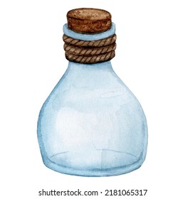 Glass bottle with cork. Watercolor clipart isolated on white background.