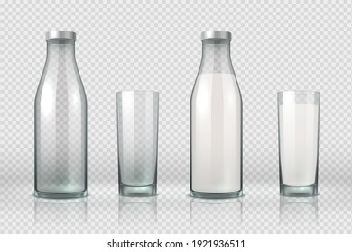 Glass And Bottle With Milk. Realistic Empty, Half Full And Full Glass Bottle, 3D Mockup Milk Product.  Set Milky Beverage In Container On Transparent Background