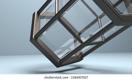 Glass box with Hexagonal Metal Cage enclosure. 3D Rendering. Light Grey White background. Isometric view.

Closeup view. Metal frame glass box in Light blue background.