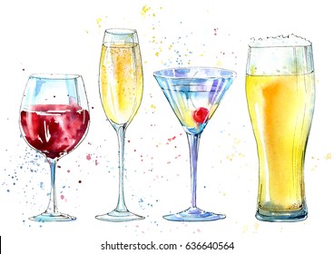 Glass Of A Champagne,martini, Wine, Beer. Picture Of A Alcoholic Drink.Watercolor Hand Drawn Illustration.