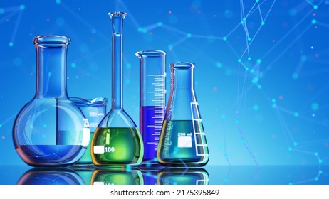 Glass Chemistry Lab Equipment On Blue Background. Chemistry Lab Concept. 3d 