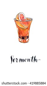 Glass of " Cinzano" Vermouth with red orange, hand drawn - watercolor Illustration